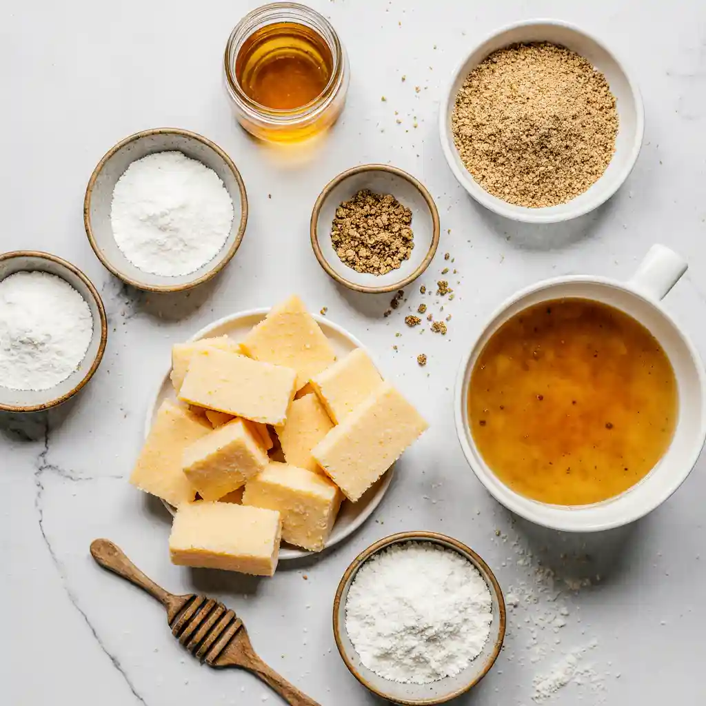 ingredients-for-halloumi-fries Ingredients for making halloumi fries, including halloumi cheese, panko, flour, and honey.