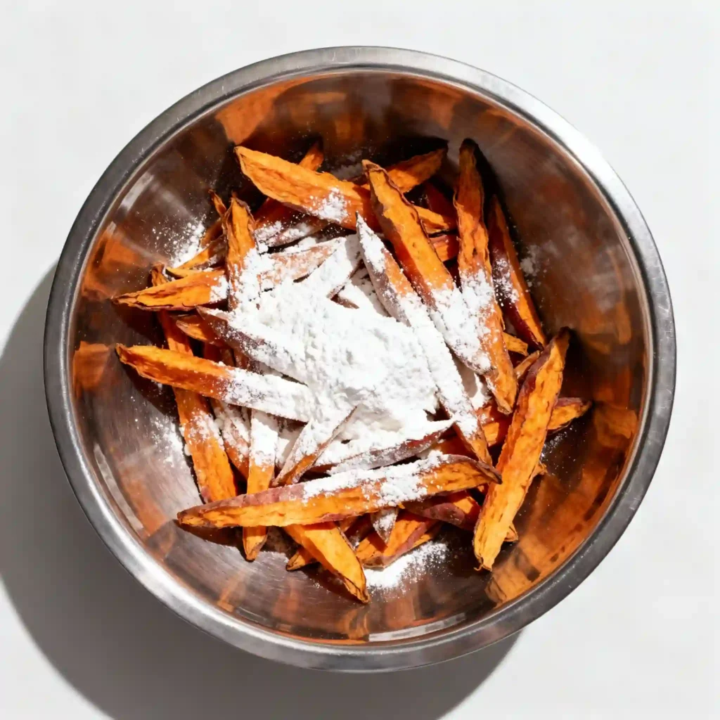 kumara-fries-cornstarch Tossing kumara fries in cornstarch for a crispy coating