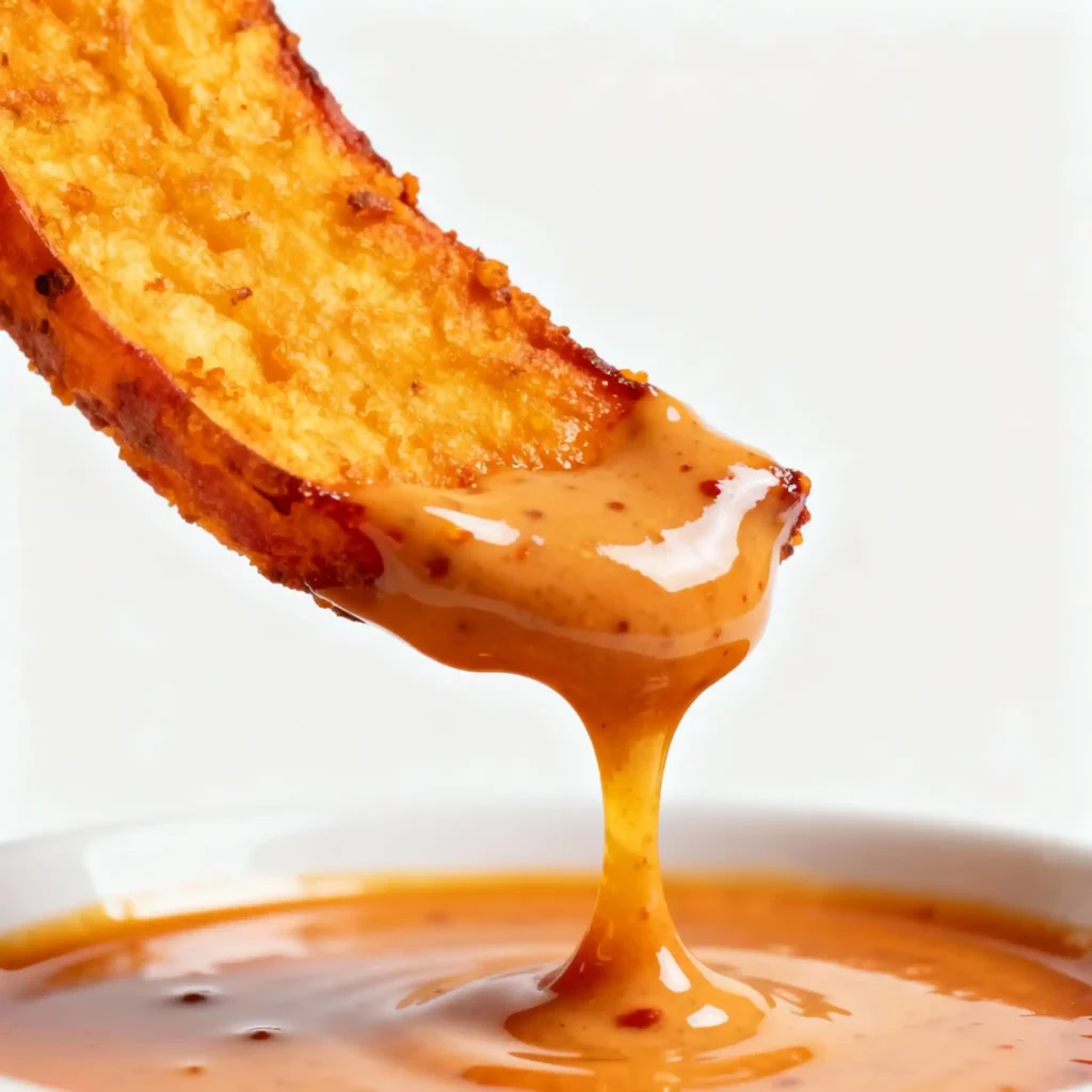 kumara-fries-spicy-sauce Dipping crispy kumara fry into spicy hot honey sauce