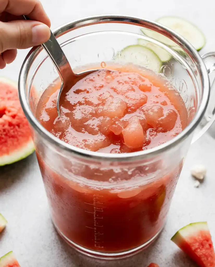 Straining fresh watermelon juice for the watermelon gummies recipe.