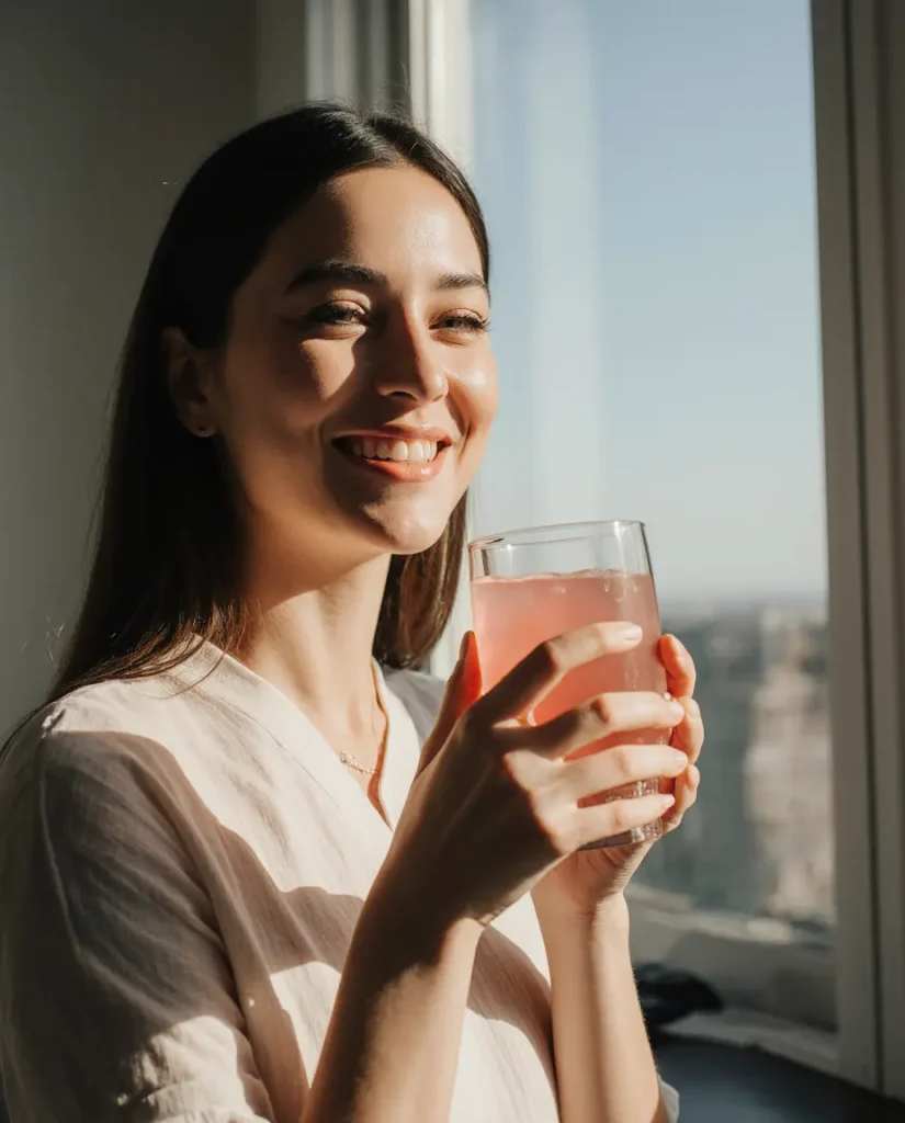Woman enjoying pink salt and apple cider vinegar drink as part of healthy morning routine