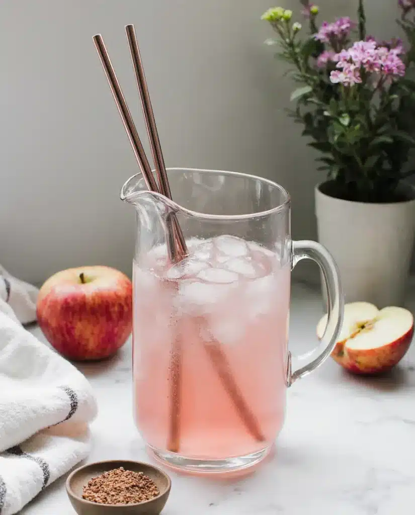 Proper storage and tools for making pink salt and apple cider vinegar drink including glass pitcher and straws