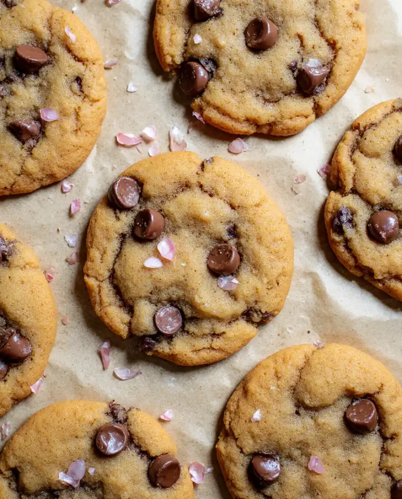 pink-salt-chocolate-chip-cookies-overhead pink salt chocolate chip cookies overhead view on baking sheet