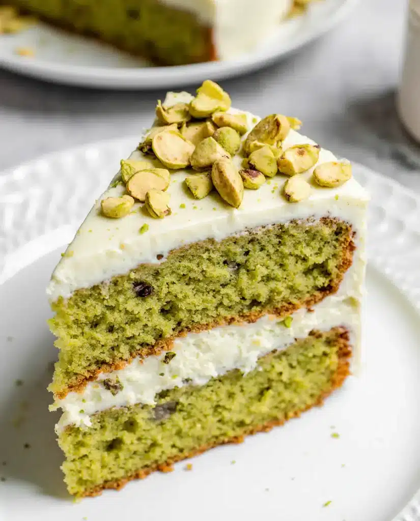pistachio cake recipe showing moist green layers with cream filling