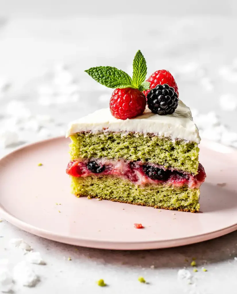 pistachio raspberry cake recipe with pink filling and green layers