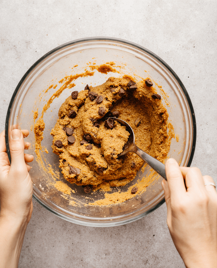 mixing pumpkin chocolate chip cookies dough in glass bowl