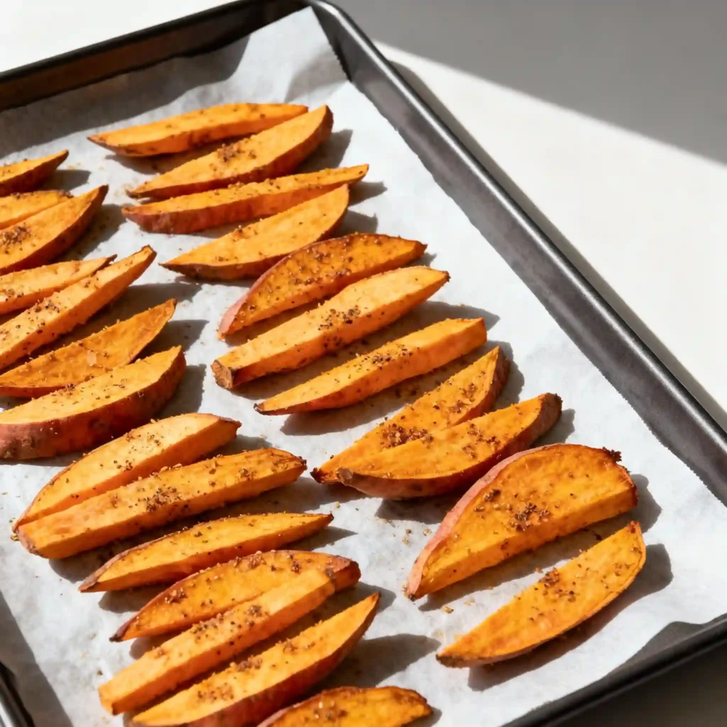 single-layer-kumara-fries Kumara fries in a single layer on a baking sheet for perfect crispiness