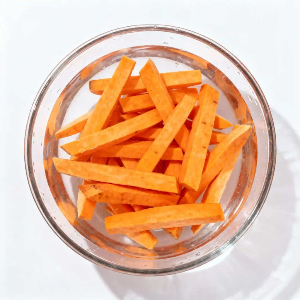 soaking-kumara-fries Soaking kumara fries to remove starch for crispiness