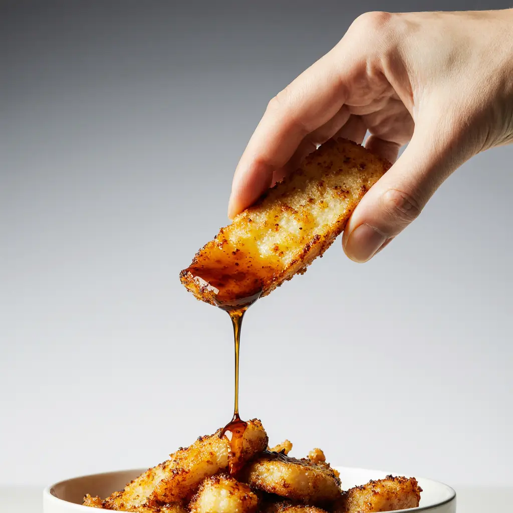 spicy-honey-halloumi-fries Drizzling a sweet and spicy honey glaze over crispy halloumi fries.