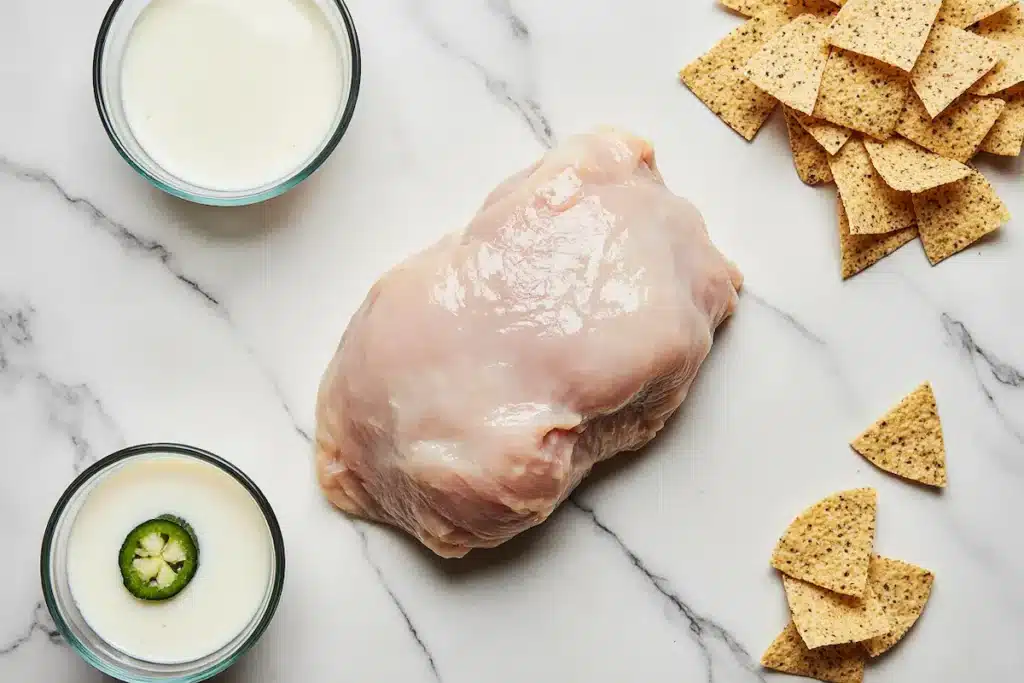  Ingredients for Taco Bell chicken nuggets: chicken, jalapeño buttermilk, and tortilla chips.