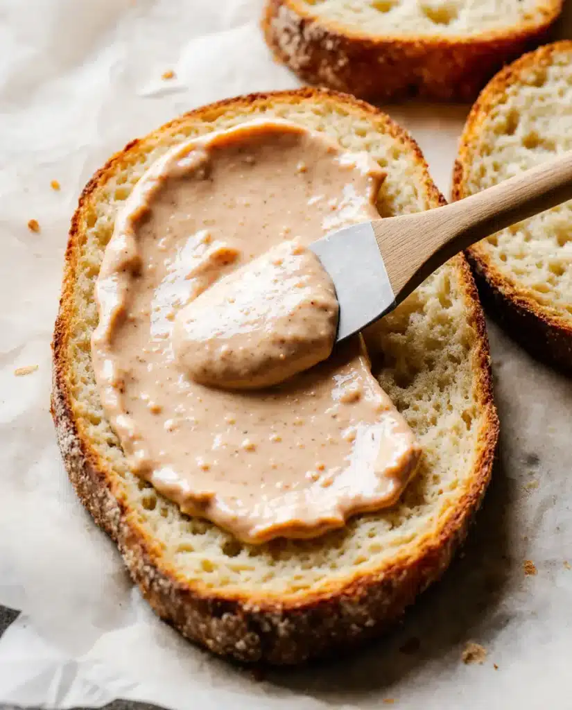 Spreading chipotle aioli on focaccia bread for the Toasted Chicken Frontega.
