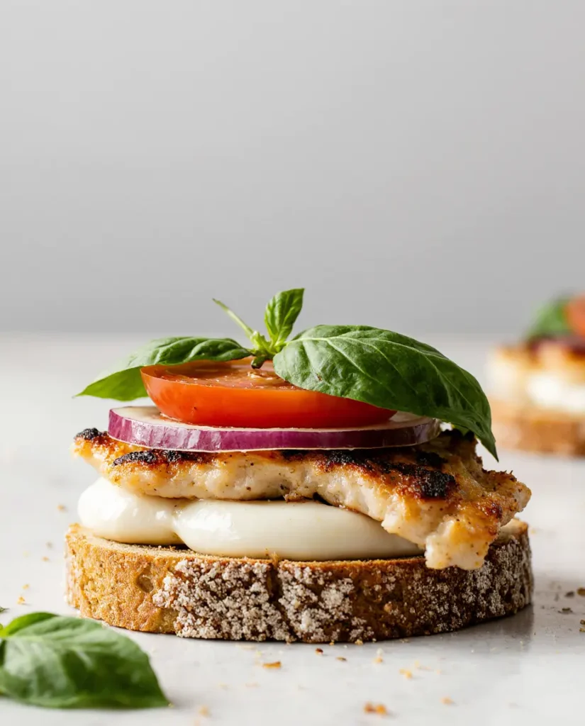 Assembling the layers of the Toasted Chicken Frontega before grilling.