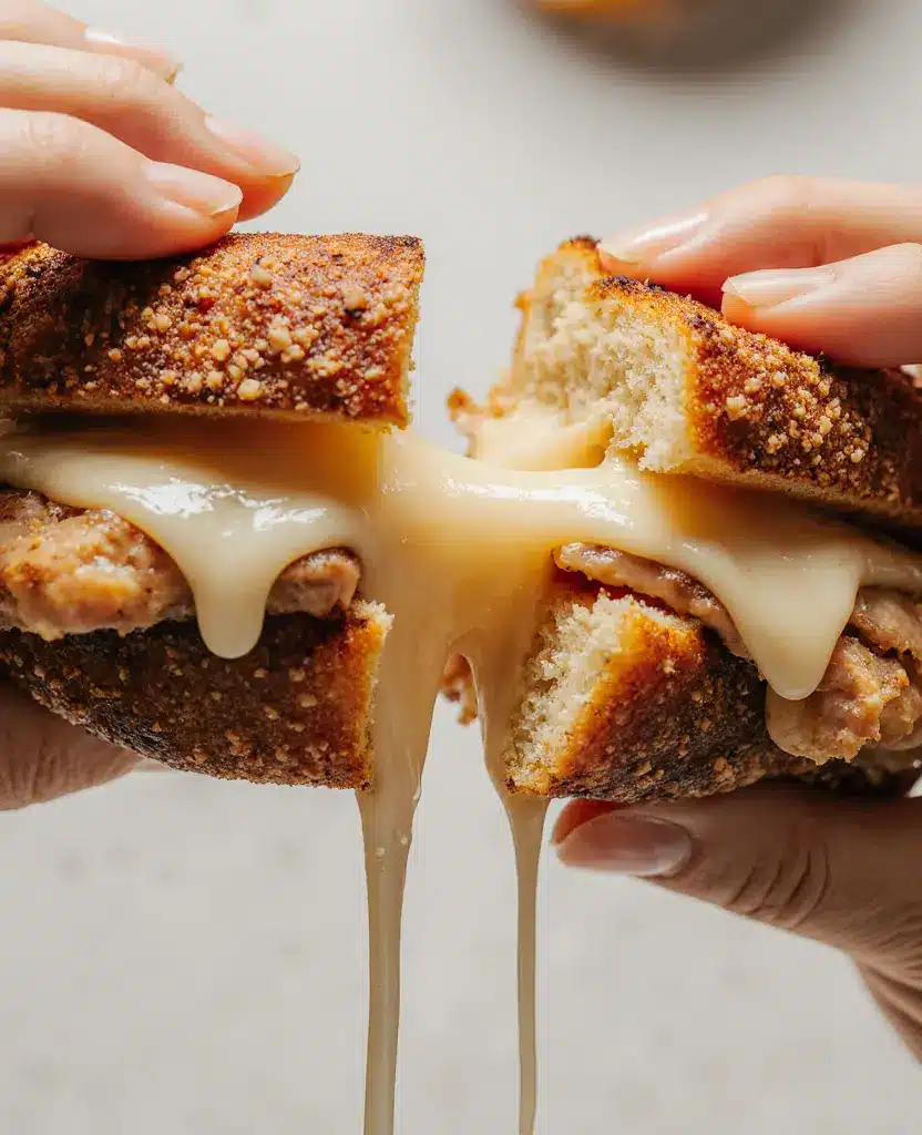 toasted frontega chicken : A dramatic cheese pull from a freshly made Toasted Chicken Frontega sandwich.