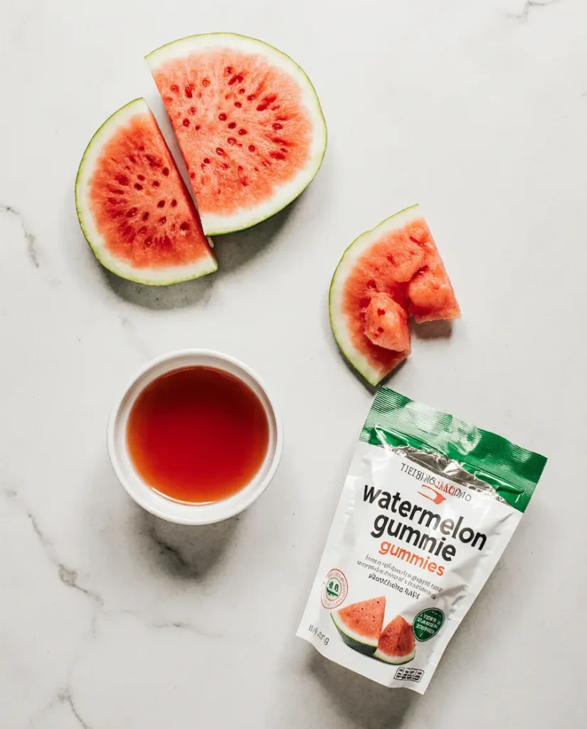 Ingredients for the healthy watermelon gummies recipe laid out on a clean surface.