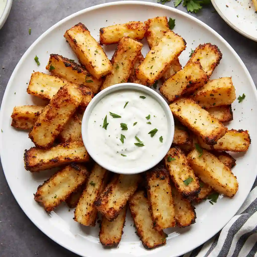 what-to-serve-with-halloumi-fries A platter of halloumi fries served with a yogurt dip as a party appetizer.