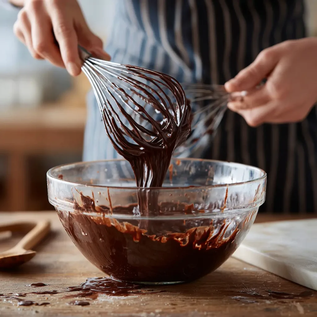 Chocolate Yule Log Batter - Perfect Consistency Mixing chocolate cake batter in glass bowl showing proper consistency for yule log