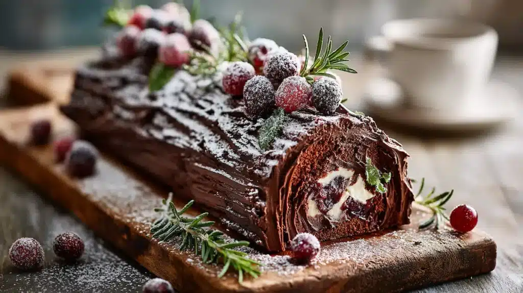 Decorated Chocolate Yule Log - Christmas Centerpiece Beautifully finished chocolate yule log cake with sugared cranberries rosemary and powdered sugar
