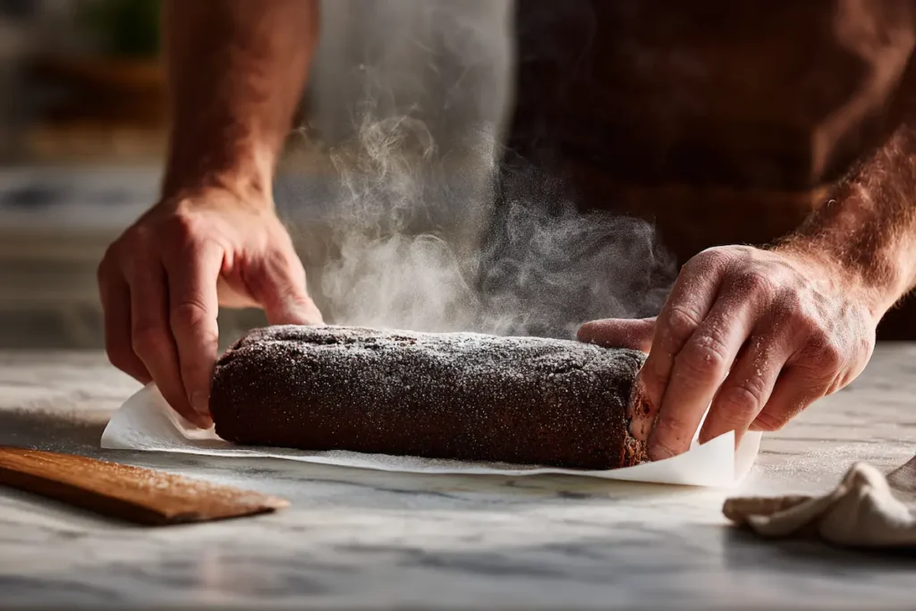 How to Roll Yule Log Cake Without Cracking Hands demonstrating proper technique for rolling warm chocolate cake with parchment paper