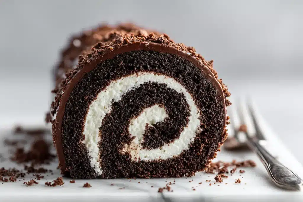 Yule Log Cake Cross Section - Perfect Spiral Layers Cross section of chocolate yule log cake showing layers of chocolate sponge mascarpone filling and ganache