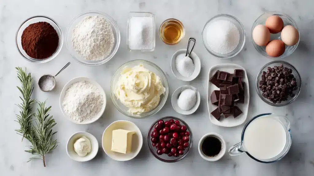 Yule Log Cake Ingredients - Complete Shopping List All ingredients for chocolate yule log cake arranged on white marble counter with measuring tools